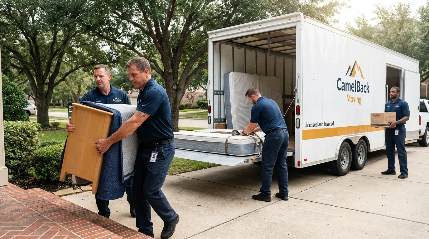 Crew loading residential truck for cross-state move from Hereford, TX