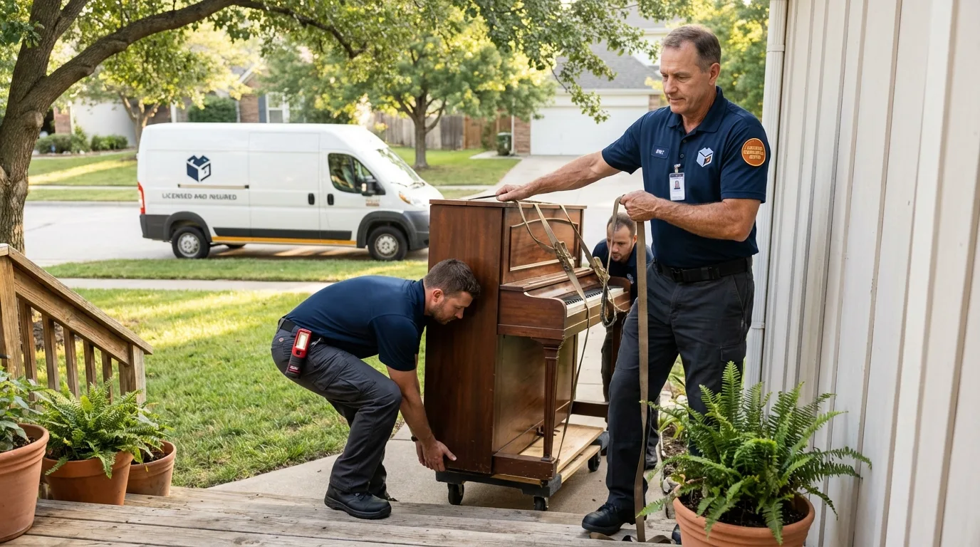 Licensed piano movers securing grand piano in Hereford, TX