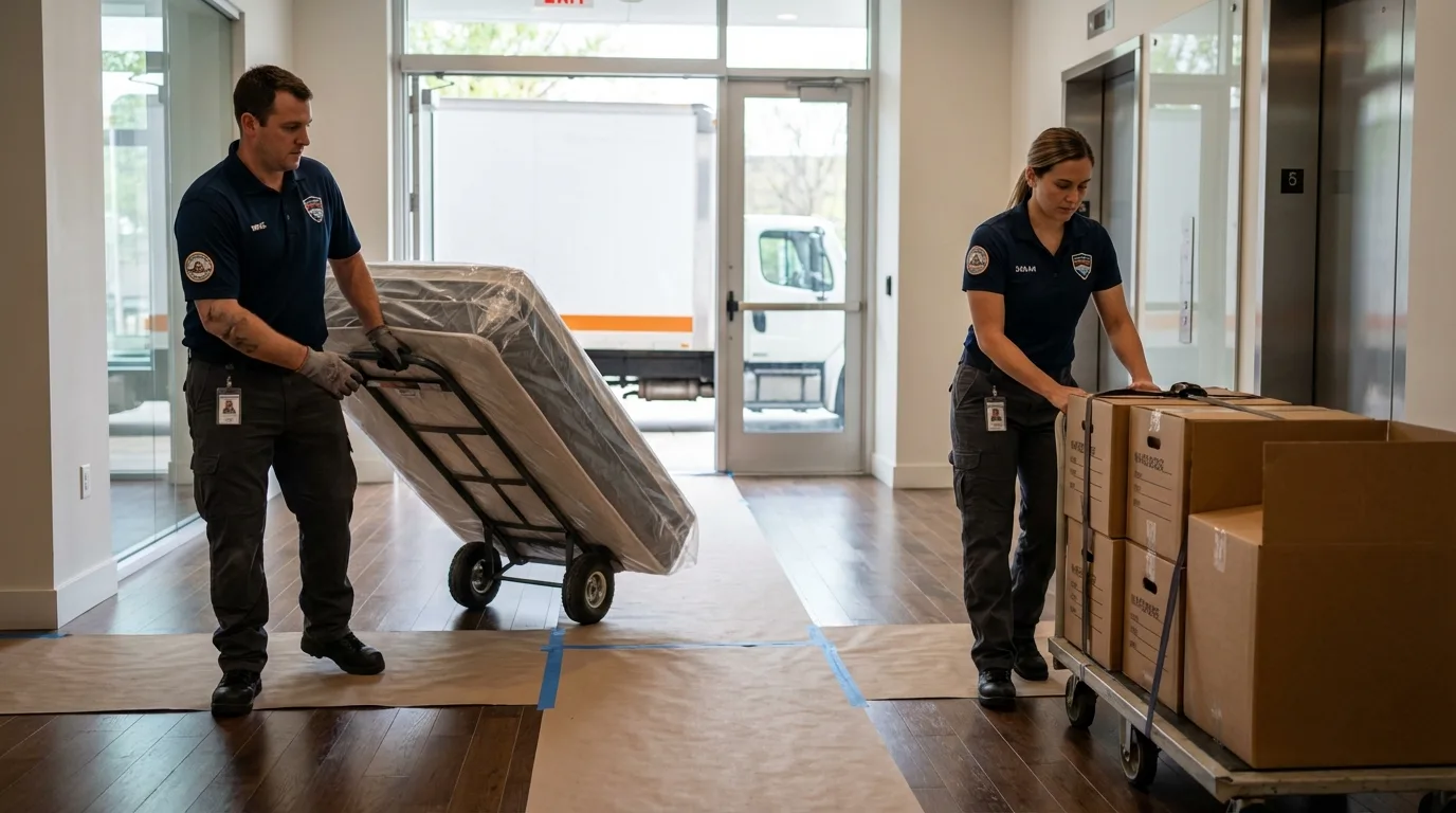 Professional apartment movers loading elevator in Hereford, TX